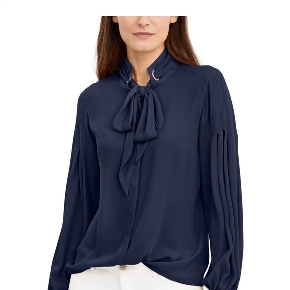 NWT INC Long Sleeve Blue XL Blouse with Tie and Arm Pleat - Picture 1 of 3